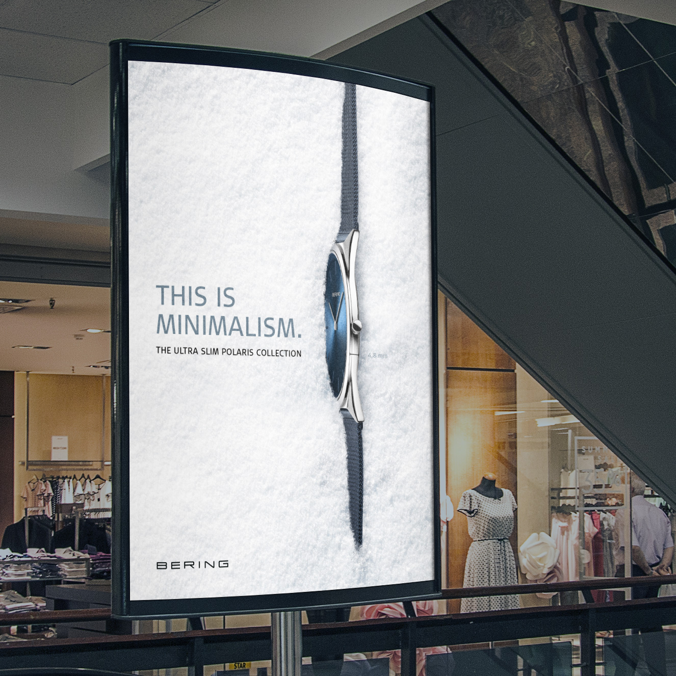 OOH Werbung BERING Branding Keyvisual ULTRA SLIM Kollektion Uhr im Schnee