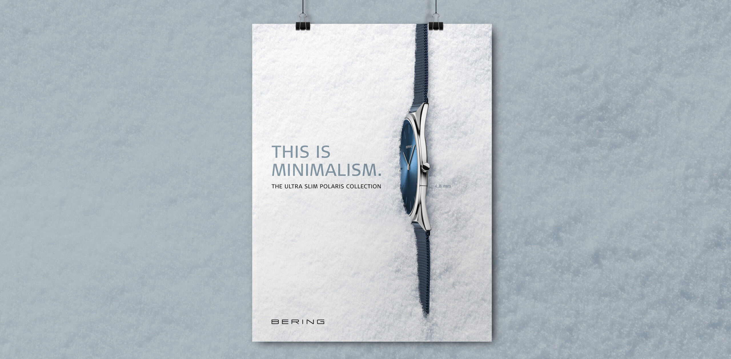 BERING Branding ULTRA SLIM Kollektion Uhr im Schnee Plakat Keyvisual