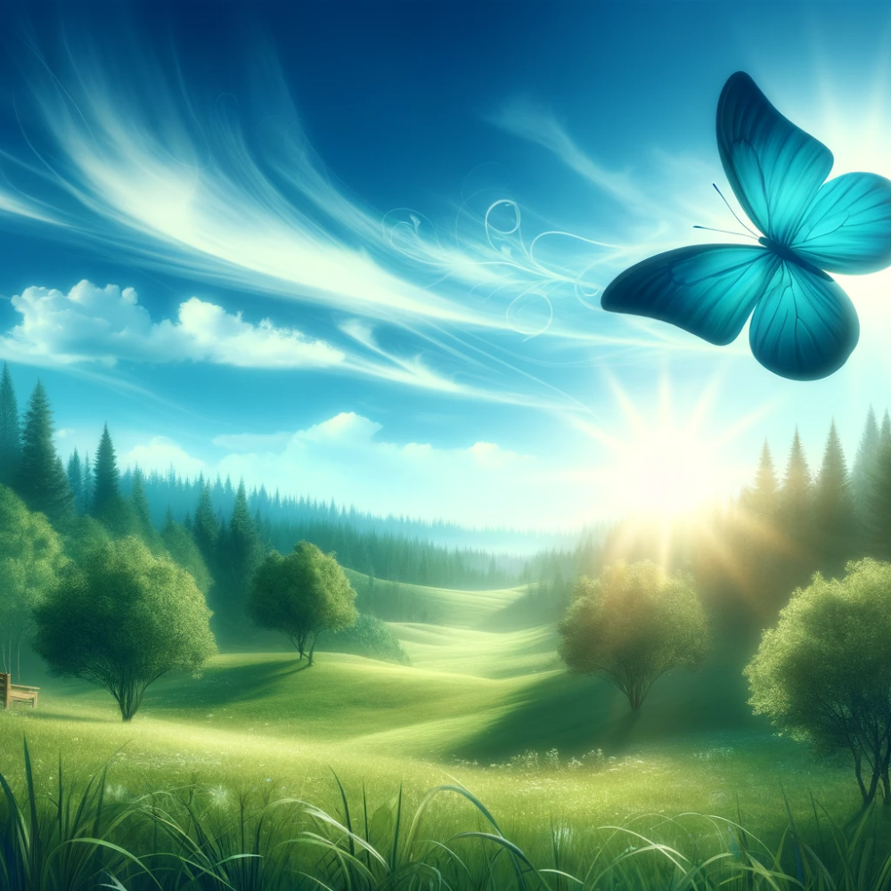 Blauer Schmetterling fliegt am blauen Himmel und über grünes Gras mit Bäumen