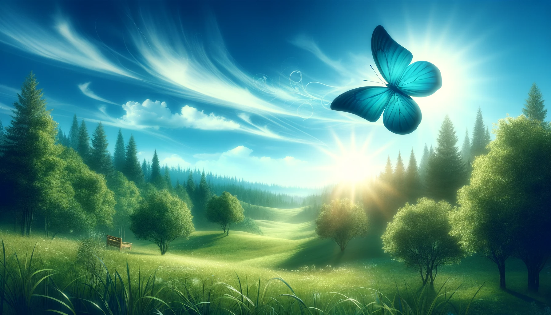 Blauer Schmetterling fliegt am blauen Himmel und über grünes Gras mit Bäumen
