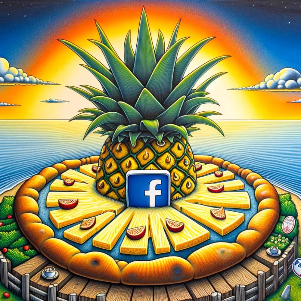 Ananaspizza mit dem Facebook Logo in der Mitte