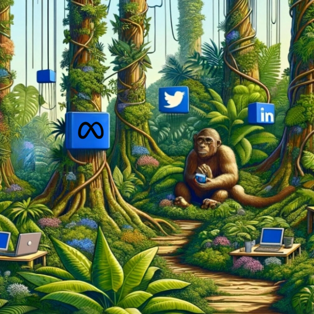 Digital Marketing - Dschungel mit Affen und Computern, Social Media Icons und Schreibtischen