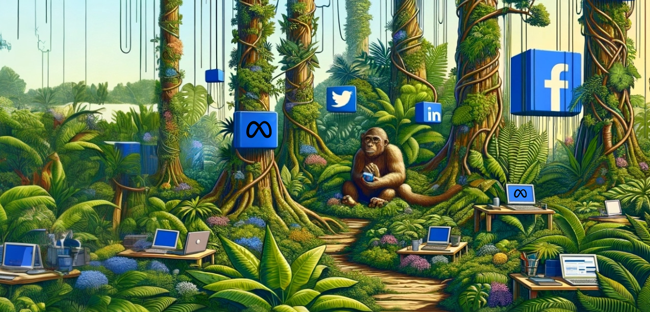 Digital Marketing - Dschungel mit Affen und Computern, Social Media Icons und Schreibtischen
