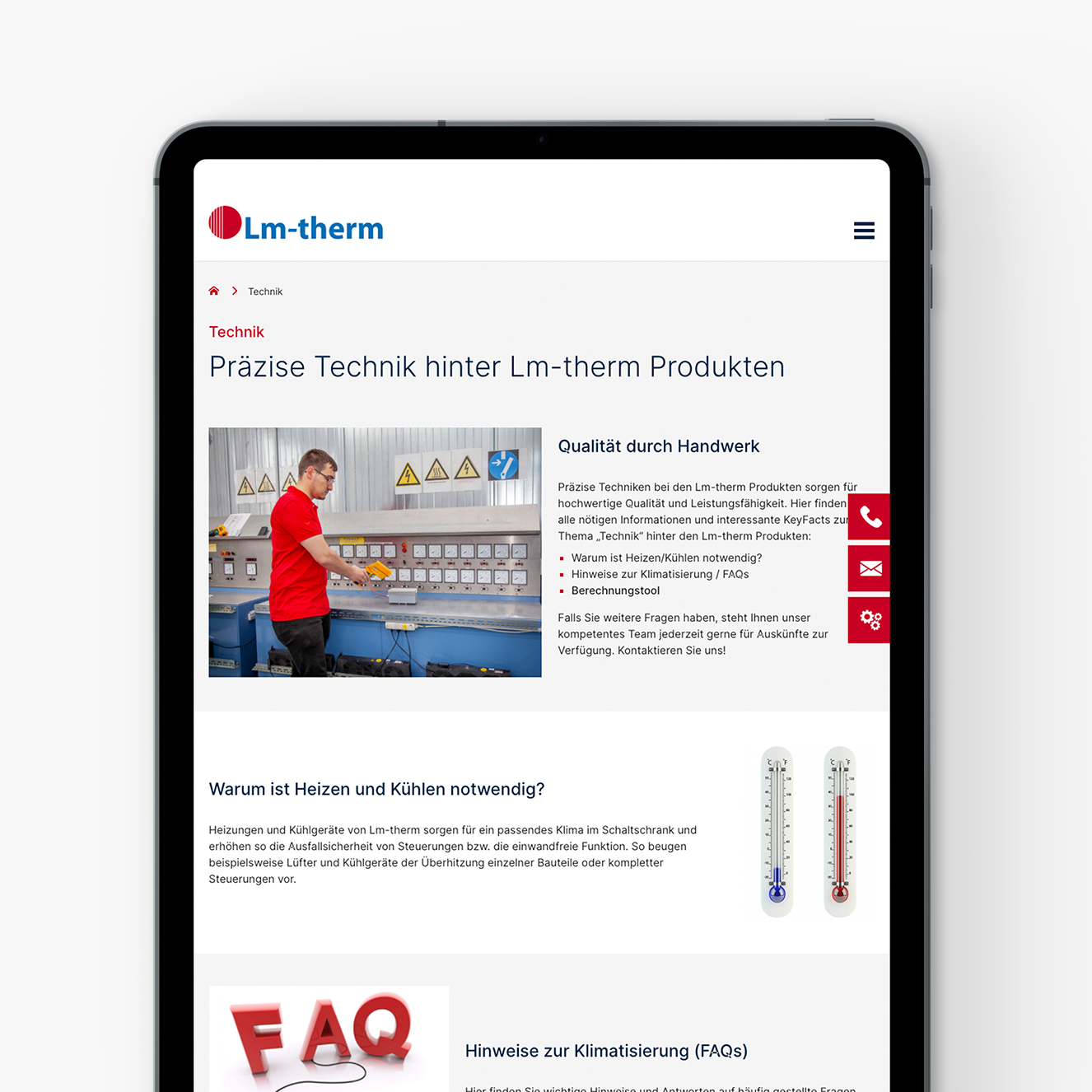 Lm-therm Website und WooCommerce Shop Tabletansicht Unterseite Technik