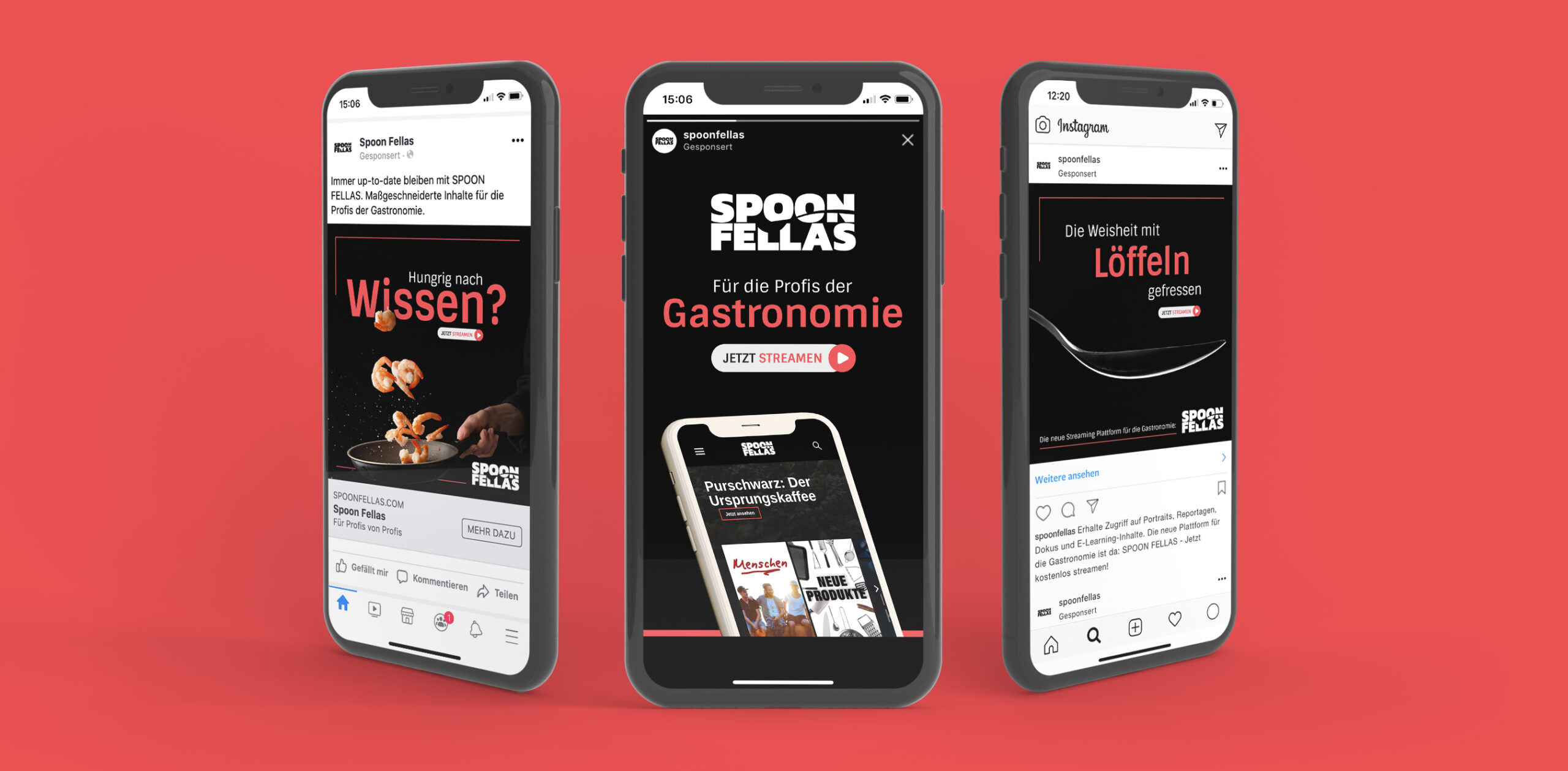 drei smartphones mit Kampagnenbildern für die Bewerbung von Spoon Fellas