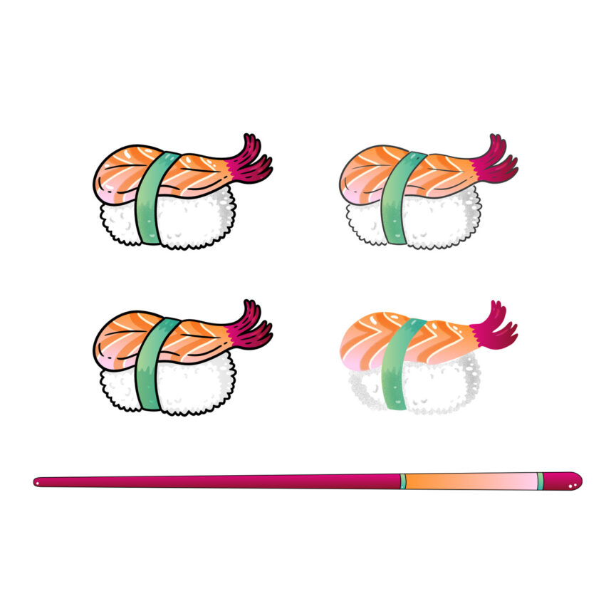 Illustrationen von Sushi und Stäbchen