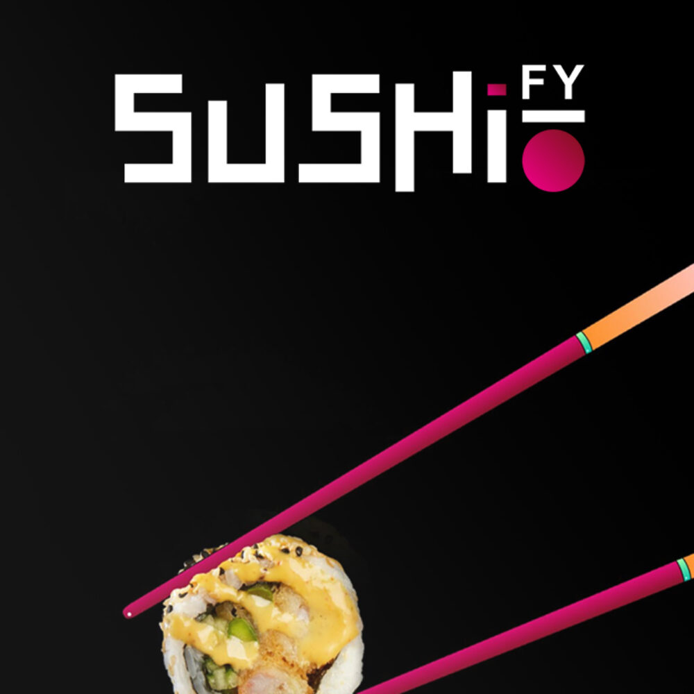 Sushify Logo und Sushirolle mit illustrierten Stäbchen auf schwarzer Fläche
