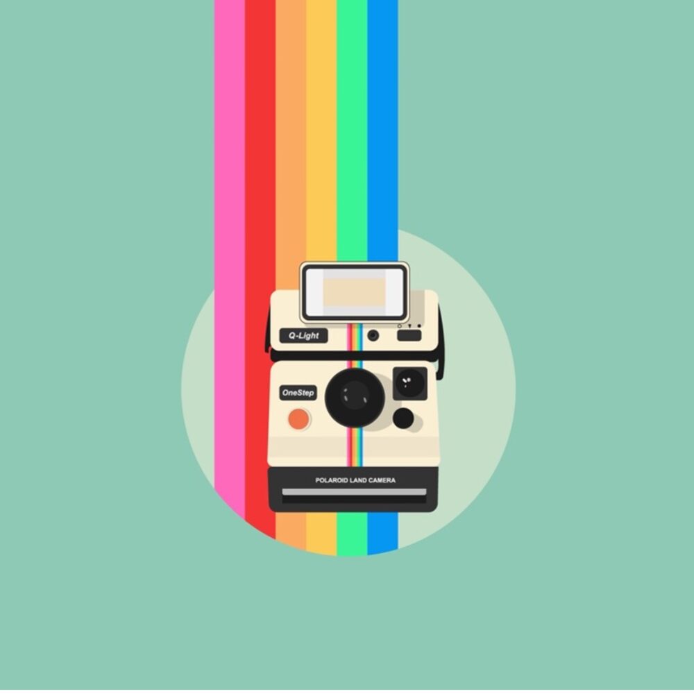 Illustration einer Polaroid Kamera mit Regenbogen im Hintergrund