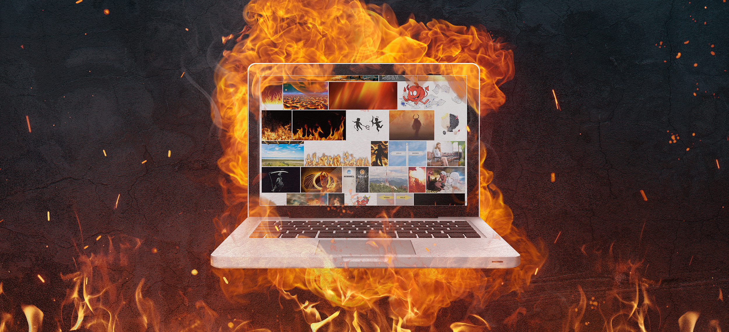 Laptop mit Stockfotos in Flammen